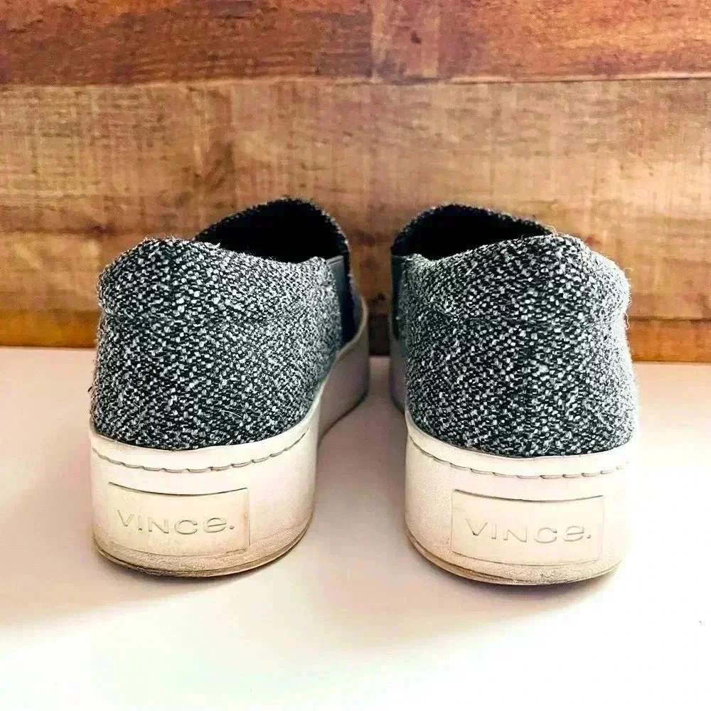 Vince Warren Platform Sneakers Gray Tweed Notched  Vamp Cushioned Slip Ons